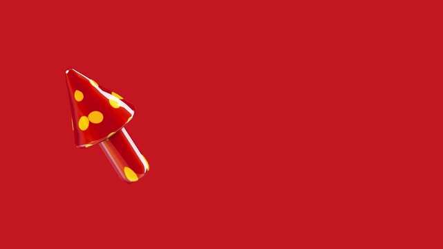 Red mushroom arrow pointing towards the upper left corner on a red background symbolize strategic movement and navigation in a minimalist 3d digital environment