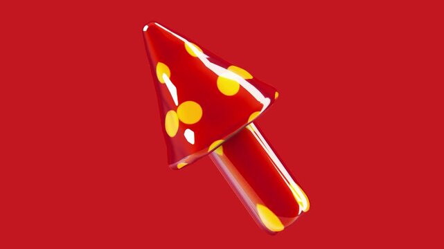 Close up of a 3d red mushroom arrow with yellow polka dots on a red background highlighting the glossy texture and playful design of the navigation icon