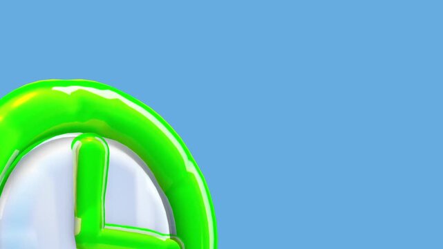 Green clock icon positioned on the left side with a glossy texture and vibrant colors over a bright blue background featuring ample copy space for text and messaging