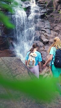 Mother and daughter admiring a misty forest waterfall in Norway from behind. Authentic back view, sustainable travel and mental health wellness through nature immersion.