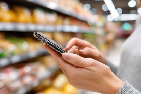 Woman uses smartphone in supermarket, checking online grocery list for shopping, purchasing with mobile application, grocery shopping, scanning prices with barcode reader app.