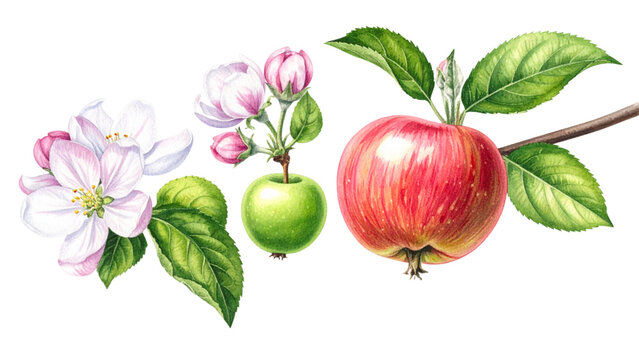 Botanical illustration of an apple life cycle from white spring blossoms and young green fruit to a ripe red apple with a leaf on white background