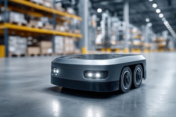 Obraz premium An autonomous mobile robot navigating a modern warehouse, showcasing advanced technology for efficient inventory management and streamlined logistics operations, enhancing productivity.