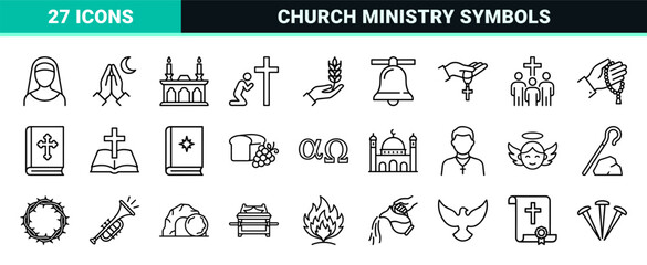 Naklejka premium Christian Religious Symbols Monoline Set featuring Minimalist Church Ministry Icons, Bible Study Graphics, and Spiritual Faith Outlines.