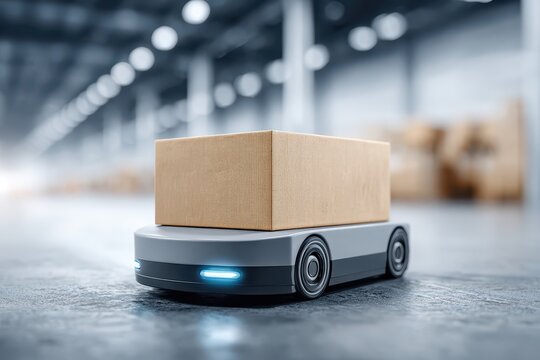An automated guided vehicle delivering a cardboard box in a warehouse, featuring modern technology and efficient logistics solutions for smart factory operations.