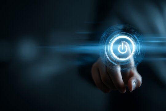 Futuristic touch interface interaction, finger pressing glowing blue circular button with ripple effect, digital technology concept, high-tech UI/UX design, cyberpunk aesthetic, dynamic light and moti