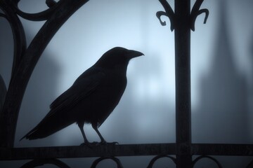 Fototapeta premium Silhouette of crow perched on gothic fence in misty atmosphere