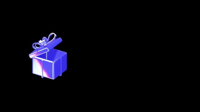 Open gift box 3D icon positioned on the left side with a vibrant pearlescent holographic finish and ample dark negative space