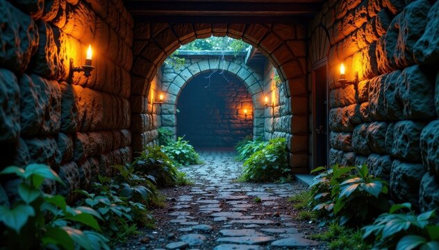 damp stone walls with old cobweb-covered torches, catacomb dungeon, mysterious