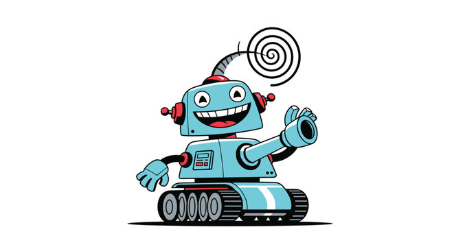 Friendly cartoon robot character designed as a small blue tank with a wide smile and a spiral antenna on its head.