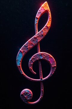 Dark abstract musical composition with a treble clef on black background, dark music, electronic music