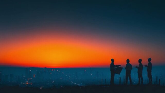 Silhouette Group at Sunset: A collective of individuals stand silhouetted against a vibrant sunset, engrossed in a shared moment, evoking a sense of unity and shared experience.