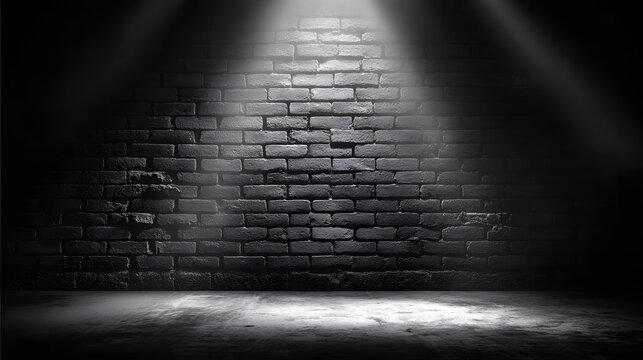 Dramatic Spotlight Illuminating Textured Brick Wall and Dusty Floor.