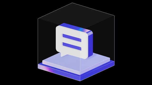 Detailed 3D chat bubble symbol enclosed in a transparent glass box for secure instant messaging and customer feedback concept visualization