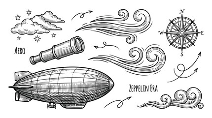 Vintage Hand-Drawn Aeronautics Illustration Set Featuring Zeppelin, Compass, Telescope, and Clouds in Engraving Style