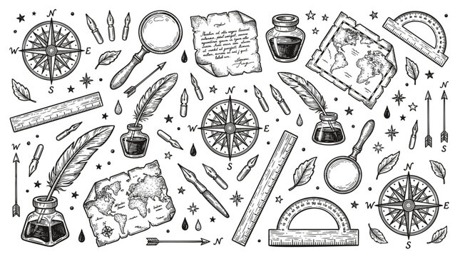 Vintage Cartography and Writing Set with Compass Rose, Old World Map, Inkwell, Feather Quill, and Magnifying Glass. Hand Drawn Vector Illustration of Ancient Navigation and Stationery Tools.