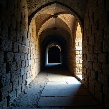 Dark passageway with ancient stone walls and vaulted ceiling , vault, catacomb
