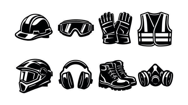 Vector set of safety equipment icons including helmet gloves goggles boots vest mask