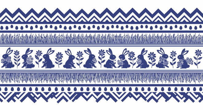 Easter bunny pattern with blue rabbits flowers on white background for holiday decoration designs