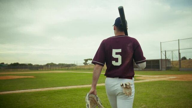 Baseball player walking on field with bat and glove
