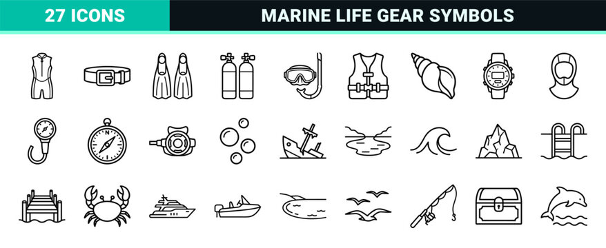 Scuba Diving and Marine Life Technical Monoline Icons for Underwater Exploration Gear and Oceanography Navigation Symbols