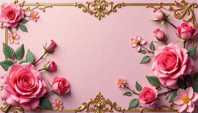 Delicate rose flower patterns in vintage pink and gold filigree, scroll, retro