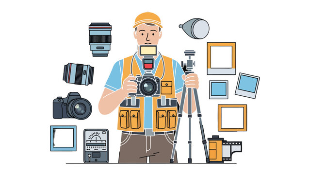 Artistic Photographer Surrounded by Photographic Gear: A creative professional stands surrounded by a collection of photographic equipment, with camera ready.