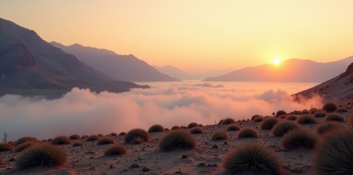 Dense fog rolling over a deserted landscape at dawn, clouds, mist