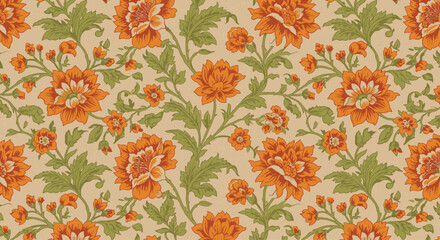 Orange Floral Pattern on Beige Background © Azan