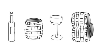 Minimalist Line Art Illustration of Wine Bottle, Glass, and Wooden Barrels