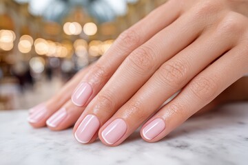 Naklejka premium Close-up shot of woman's hands with elegant French manicure on a marble surface, showing meticulous nail care and aesthetic beauty with soft background.