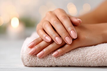 Naklejka premium Close-up of a woman's hands with elegant peach-colored nails resting on a soft towel, showcasing beauty and relaxation with a warm, inviting glow in the background.