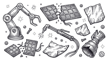 Industrial Scrap and Mechanical Parts Vector Set: Robotic Arm, Broken Solar Panels, and Gas Cutting Torch in Engraving Style