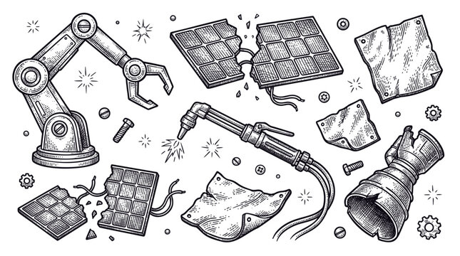 Industrial Scrap and Mechanical Parts Vector Set: Robotic Arm, Broken Solar Panels, and Gas Cutting Torch in Engraving Style