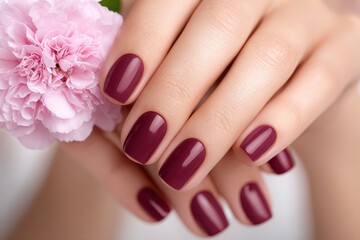 Fototapeta premium Elegant woman's hands with beautiful dark red manicure near a pink flower, showing fresh and clean look, promoting health and wellness with fashionable style.