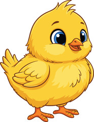 Fototapeta premium Cartoon yellow chick character with bright feathers, expressive blue eyes, cheerful posture, standing upright illustration for Easter, spring, farm animals, children’s education, animation, and 