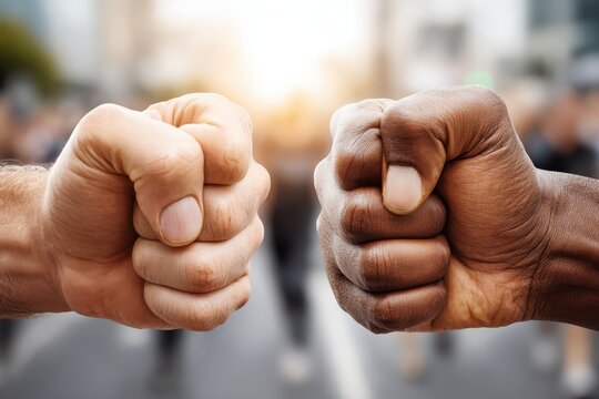 A powerful symbol of unity, two clenched fists, one light-skinned, one dark-skinned, meet in a display of solidarity and strength, representing diversity and equality.