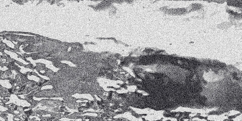 Obraz premium Abstract monochrome textured background with organic, fluid shapes and a prominent dark central mass against a speckled white and grey surface, evoking a natural or cellular pattern