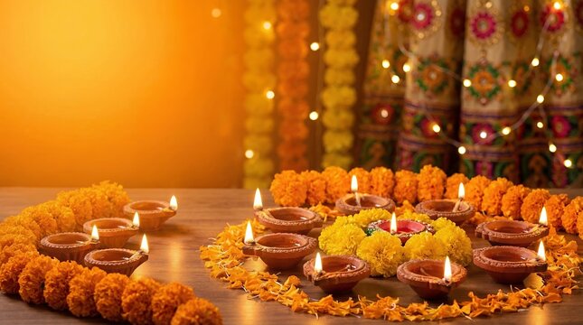 Diwali festival decorations with diyas and flowers.
