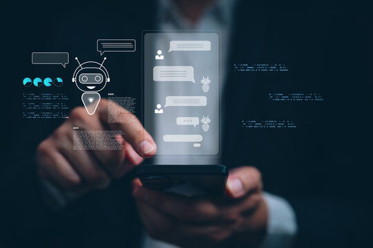 Businessman touch smartphone with AI chatbot interface and digital assistant icon, Customer support, automated communication, data processing, smart mobile technology in modern business environment.