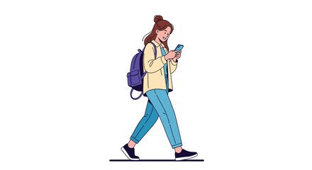 Fototapeta premium Young woman with a backpack walking and looking at her smartphone screen while commuting in the city.