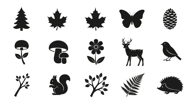 Black silhouettes of forest animals and plants on white background
