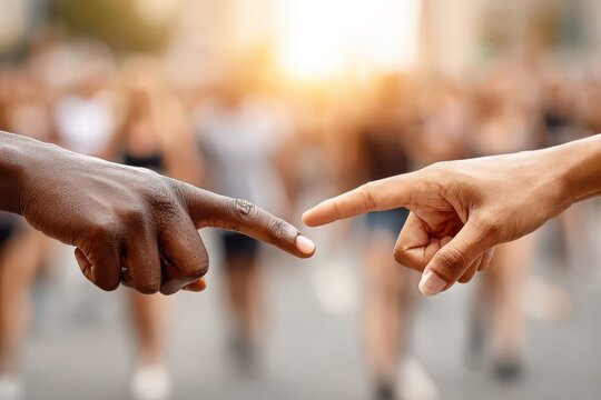 Diverse hands reaching toward each other symbolizing connection and unity in vibrant setting, celebrating togetherness and understanding between communities.