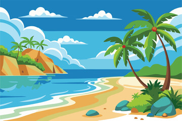 Obraz premium Tropical beach landscape with palm trees at night vector. Summer vacation background with sand, sea, and starry sky