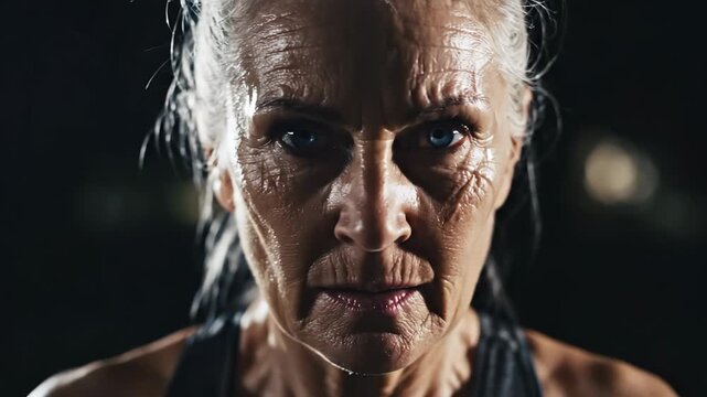 Fitness senior woman face closeup wrinkle skin texture sweat determination elderly strong portrait with intense expression powerful focus mature athlete aging strong female character dramatic low