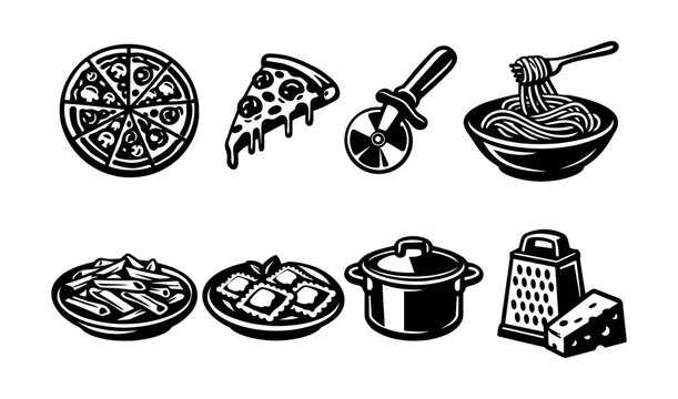 Italian food icons set, black and white vector illustration, pizza pasta grater and cooking tools