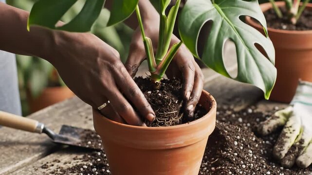 Hands planting houseplant soil plant care, potted plant gardening terracotta pot indoor plant green leaf repotting closeup hand detail nurturing leafy houseplant, hand soil plant pot gardening root