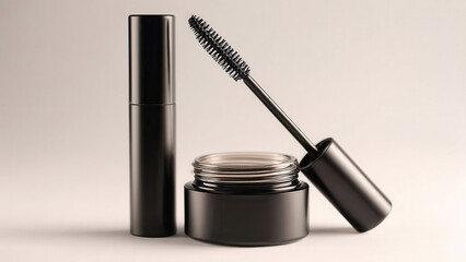 Obraz premium Black mascara tube, brush, and open pot of product for makeup application, enhancing eyelashes for beauty.