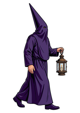Purple Penitent Carrying Antique Lantern. Semana Santa. Holly week