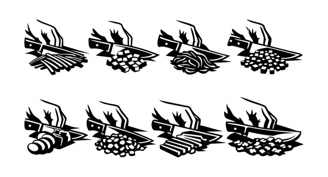 Vector silhouette of chopping techniques illustrated with knife and vegetables